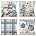 Set of four blue and white Christmas throw pillow covers with snowman and plaid patterns - Blue Winter Theme Snowman Series (JYM494 Series) / 45x45cm (4-Piece Set) / JYM494 Series