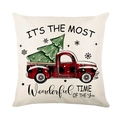 Kerst kussensloop met rode geruite vrachtwagen en kerstboom op crème linnen - Vintage Vrachtwagen Kerstboom Stijl (JYM483-4)