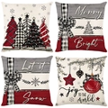 Set of four Christmas pillow covers with festive tree and holiday script patterns - Black and White Grid Bow Series (JYM493 Series)