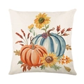 Funda de cojín otoñal con calabaza y girasol en acuarela sobre lino beige - 45x45cm / Girasol y Calabazas (JYM456-1)