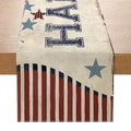 Patriotic July 4th rustic cotton linen table runner with red stripes and blue stars - USA Lettering Design (ZQ24-5)