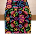 Mexican Otomi style table runner with colorful floral embroidery on black polyester - Black Base Mexican Otomi Multicolor Print (ZQ23-2)