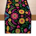 Mexican Otomi style black table runner with colorful floral pattern for festive decor - Black Base Symmetrical Folk Flower Pattern (ZQ23-3)