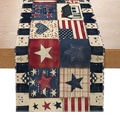 Patriotic July 4th table runner with stars and stripes pattern on rustic wooden table - Patchwork Stars and Hearts (ZQ24-9)