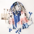 Vintage Leinen-Schal mit abstraktem Blumenmuster in Blau und Rosa sowie blauen Quasten - Abstraktes Blau-Rosa-Patchwork (SL2007-044)
