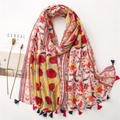 Ethno-Baumwoll-Leinen-Schal mit Blumendruck und bunten Quasten für Damen im Boho-Stil - 180x90cm / Gelb