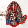 Plaid houndstooth cotton linen shawl with red and navy blue patchwork design - Red