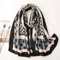 Close-up of lightweight geometric patchwork scarf with blue, black and white plaid patterns - Blue-Grey Color-Block Geometric (SL2008-022)