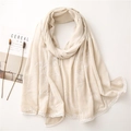 Beige cotton linen scarf with floral embroidery and lace trim on minimalist white background - Beige