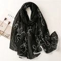 Black cotton linen scarf with white floral embroidery and delicate lace edges - Black