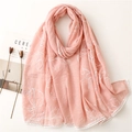 Pink cotton linen scarf with white floral print and delicate lace trim for women - Pink
