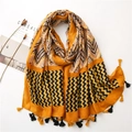 Écharpe en coton et lin à motif zigzag orange avec pompons et décor minimaliste - 180*90CM / Jaune Gingembre (SL2010-006 Yellow)
