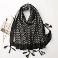 Sciarpa lunga in cotone e lino da donna con motivo a squame bicolore e nappe decorative - Nero