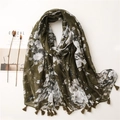 Green floral print shawl with fringe tassels and white flower patterns on lightweight fabric - 180cm x 90cm / Dark Green (SL2009-036)