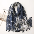 Floral print long shawl scarf with tassels in deep blue, lightweight beach sunscreen wrap - 180cm x 90cm / Navy Blue (SL2009-036)