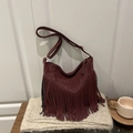 Retro burgundy fringe tote bag large hobo shoulder bag for daily commuting - Red