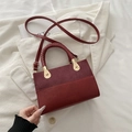 Retro burgundy patchwork tote bag with suede texture and woven handle for women - Red