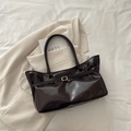 Vintage large dark brown tote bag in glossy patent leather with gold buckle detail - Brown