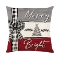 Merry Bright Christmas pillowcase with tree print and buffalo plaid ribbon detail - Merry Bright Christmas Tree Pattern (JYM493-2)