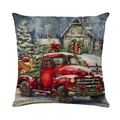 Funda de cojín navideño con camión rojo vintage y granja nevada en poliéster de alta calidad - Estilo de camión rojo vintage y paquetes de regalo (JYM512-3)