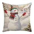 Christmas snowman pillowcase with winter landscape print on linen texture fabric - 45x45cm / Snowman in Red Green Hat (JYM482-4)