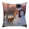 Christmas pillowcase featuring a snowman and deer print on textured linen fabric - 45x45cm / Snowman and Fawn with Gift (JYM482-5)