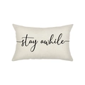 Rectangular beige polyester cushion cover with black Stay Awhile cursive print text - Stay Awhile Style