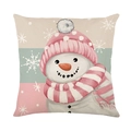 Cartoon snowman Christmas pillowcase with pink hat and snowflakes on linen texture - Jym524-2 / 45x45 Square (No Insert)