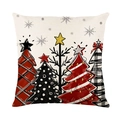Funda de cojín navideña con cinco árboles ilustrados en rojo y negro sobre fondo blanco - Estilo Árboles de Navidad (JYM514-1)