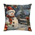 Funda de cojín navideña con estampado de muñeco de nieve, escena invernal y farolillos - Estilo de muñeco de nieve en noche nevada azul (JYM512-1)
