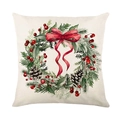 Housse de coussin de Noël carrée avec couronne d'aquarelle et nœud rouge sur fond blanc - Couronne de Pin de Noël (JYM523-3)