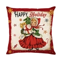 Vintage Christmas throw pillow cover with girl holding gift and Happy Holiday text - Vintage Girl Illustration Style (JYM525-2)