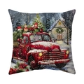 Funda de cojín navideña vintage con camión rojo, muñecos de nieve y árbol festivo - Camioneta Roja Vintage y Muñeco de Nieve (CR041-4)