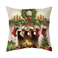 Housse de coussin de Noël avec motif de cheminée et chaussettes en peluche douce - 45x45cm / Scène de Cheminée de Noël