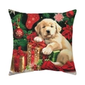 Housse de coussin de Noël avec un chiot Golden Retriever et des ornements festifs - 45x45cm / Chiot Golden Retriever Décorations