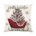 Funda de cojín navideña Hello Winter con trineo de cuadros rojos y árbol de Navidad - Ilustración De Trineo A Cuadros Rojos (JYM539-3)