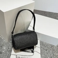 Black sequined cylindrical barrel bag with silver chain strap and top handle design - Black
