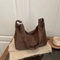 Minimalist dark brown suede hobo tote bag with silver hardware on cream knit fabric - Brown No Pendant