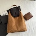 Minimalist caramel suede shoulder bucket bag set with matching zipper pouch insert - Shoulder Bag Set / Brown (Without Pendant)