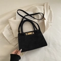 Retro black matte suede crossbody bag with gold metallic lock and dual top handles - Black