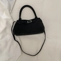 Vintage black suede tote bag with silver square buckle and adjustable shoulder strap - Black (Without Charm)