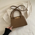 Retro matte brown handbag for women with gold clasp and adjustable shoulder strap - Khaki