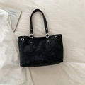 Minimalist black matte tote bag with silver metal ring and double buckle strap - Black