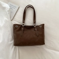 Dark brown suede tote bag with silver metal eyelets and adjustable shoulder strap - Brown