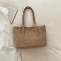 Minimalist khaki suede tote bag with silver eyelet straps and retro aesthetic design - Khaki