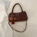 Brown corduroy tote bag with vintage metal buckle and decorative plush pom-pom charm - Coffee (With Pendant)
