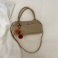 Vintage khaki corduroy tote bag with long strap and colorful pompom keychain charm - Khaki (With Charm)