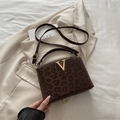 Dunkelbraune Schultertasche mit Leopardenmuster, goldener V-Schnalle und Riemen - Braun
