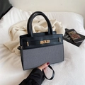 Contrast color black leather and grey fabric handbag with golden clasp and long strap - Black