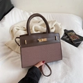 Retro small square handbag in dark brown leather and herringbone fabric contrast - Brown